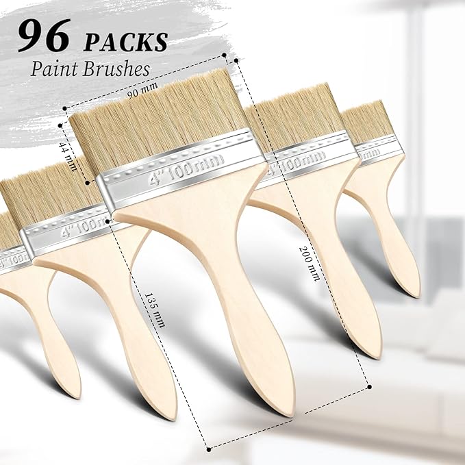 Remerry 96 Pcs 4 Inch Paint Brushes Bulk, Natural Bristle Chip Brushes with Wooden Handle, Flat Art Applicators for Wall, Furniture, Kids, Fences Details