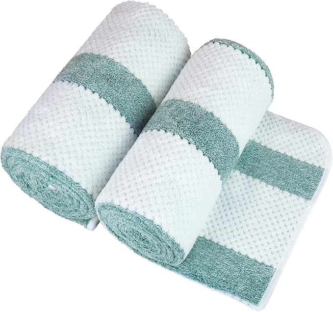 JML Microfiber Bath Towels, Bath Towel 2 Pack(30" x 60"), Oversized, Soft, Super Absorbent and Fast Drying, Multipurpose Use for Sports, Fitness, Yoga, Waffle Stripe Green