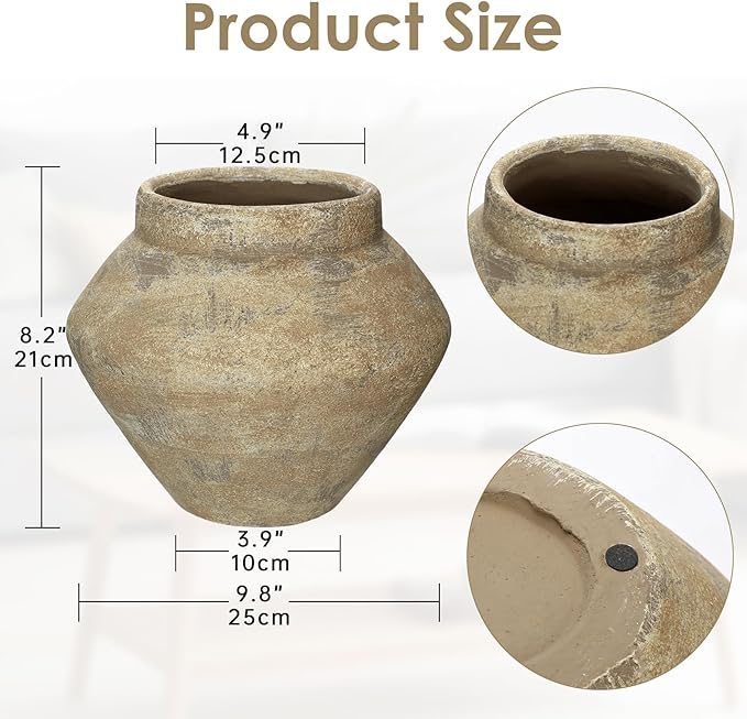 Briful Large Rustic Ceramic Vase with Distressed Finish, 8.2'' Tall Wide-Belly Decorative Flower Vases with Felt Pads, Retro Style Pottery for Home Decor, Table Centerpiece, Yellow Brown