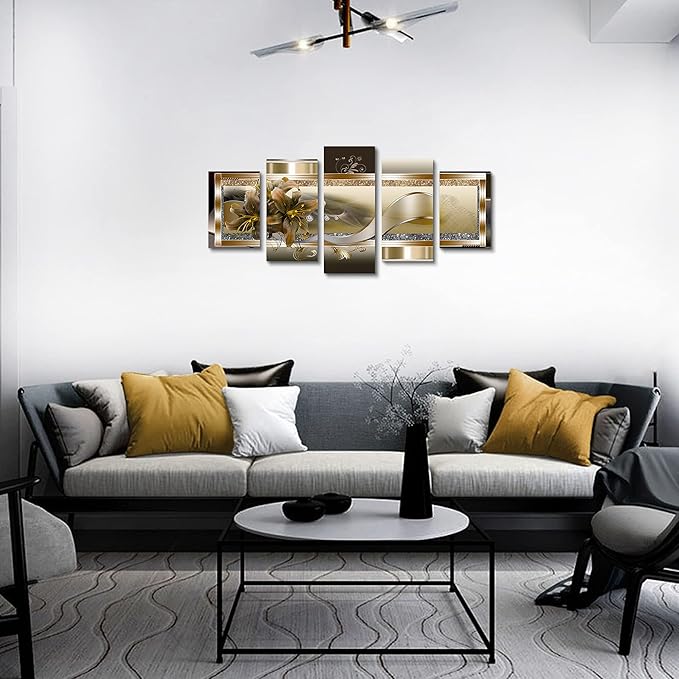 LUDUHU Yellow Orchid Flowers Canvas Print - Abstract Wall Art Painting Decor for Home Decoration Artwork Picture Bedroom Yellow Lily Floral (D,Oversize 40x20inch)