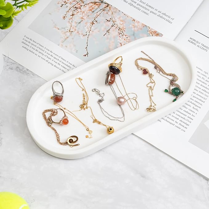Elegant Ivory White Natural Marble Oval Tray 10x4.7 Inches for Bathroom Countertop, Vanity Jewelry & Perfume Organizer, Aesthetic Home Decor Accent