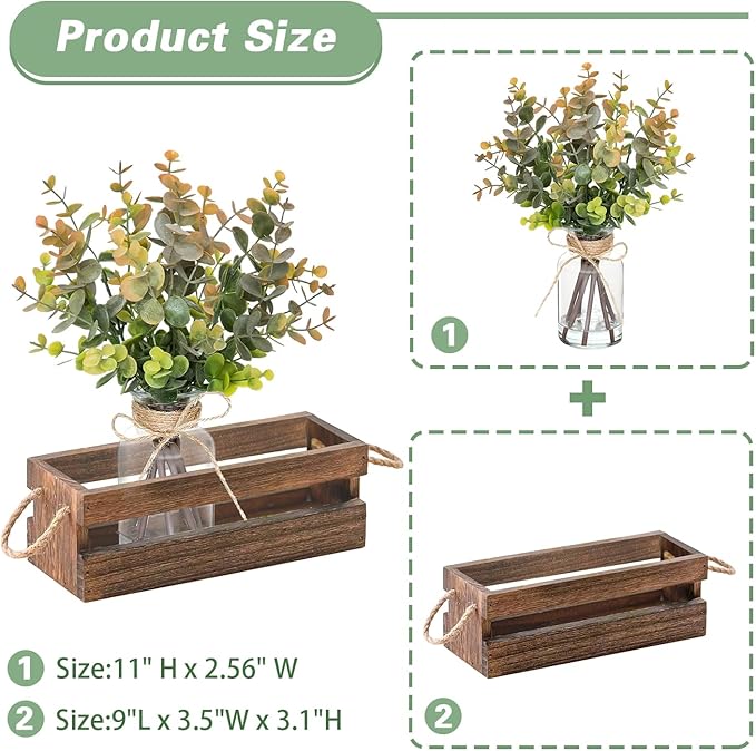 Artificial Eucalyptus Stems in Glass Vase with Faux Water,Combined with Wood Tray Centerpiece Table Decoration,11" Fake Plant with Orange-Green Leaves for Home Decor