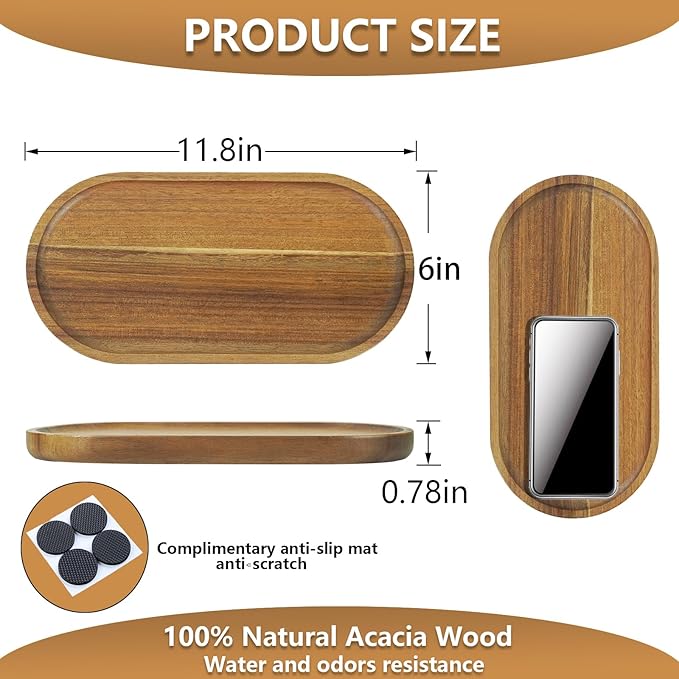 1 pcs Acacia Wood Tray 11.8×6 inch Boards Rustic Wooden Serving Trays Oval Platters Charcuterie for Party,Breakfast, Coffee Table, Home Decorative, Food Small Trays