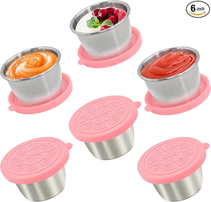 6x2.7 Oz Salad Dressing Container to Go,Handy Leakproof Stainless Steel Meal Prep Containers Reusable,Sauce Containers for Lunch Box, Picnics, Travel, Office and Kitchen Storage-Pink
