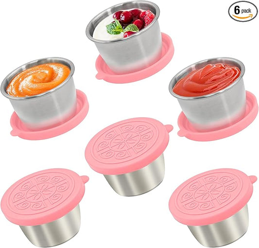 6x2.7 Oz Salad Dressing Container to Go,Handy Leakproof Stainless Steel Meal Prep Containers Reusable,Sauce Containers for Lunch Box, Picnics, Travel, Office and Kitchen Storage-Pink