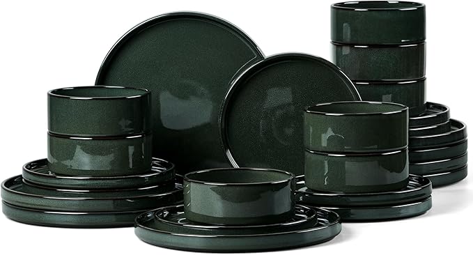 Onader Stoneware Dinnerware Sets for 8, Reactive Glaze Plates and Bowls Sets, Ceramic Dish Dinner Set with Rustic Terracotta Bottom, 24 Piece Elegant Dishware - Emerald Green
