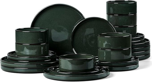 Onader Stoneware Dinnerware Sets for 8, Reactive Glaze Plates and Bowls Sets, Ceramic Dish Dinner Set with Rustic Terracotta Bottom, 24 Piece Elegant Dishware - Emerald Green