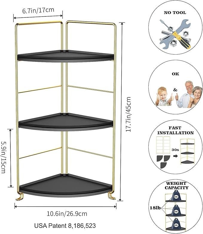 3-Tier Corner Bathroom Organizer Countertop for Storage, Counter Tray and Vanity Organizer, Plastic Counter Organizer for Kithchen, Bathroom, Dresser (Gold +Black)