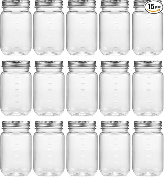 novelinks 16 oz Clear Plastic Jars with Screw-On Lids - BPA-Free Refillable Storage Containers for Slime, Food, Crafts, Kitchen & Household Use (15 Pack,Silver)