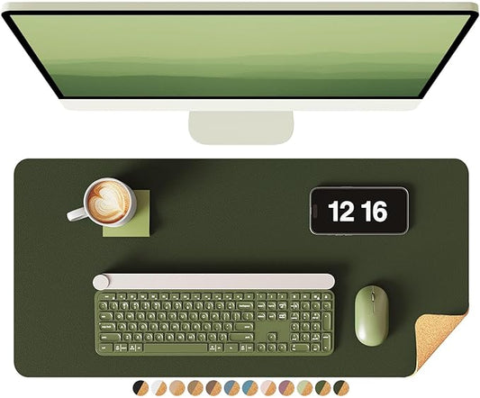 YSAGi Double-Sided Desk Pad, 23.6"x13.7" Leather Desk Mat, Eco Cork Desk Pad Protector, Large Mouse Pad for Desk, Waterproof Desk Blotter Pad, Desk Writing Pad for Office Work/Home(Dark Green/Cork)