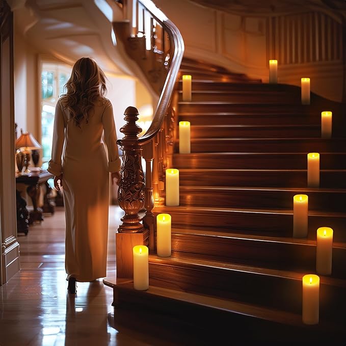 5plots 9" x 3" Flickering Flameless Candles - Battery Operated Wax LED Candles - Amber Yellow Light with Remote and Timers Set of 2, Ivory, for Home Decor, Candle Sconces