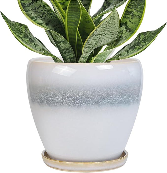 6.3 Inch Plant Pot - Ceramic Planters for Indoor Ourdoor Plants, Modern Succulent Pot, Round Planter with Drainage Hole and Saucer, Room Office Garden Home Decor, Plant Lover Gift, White-Grey