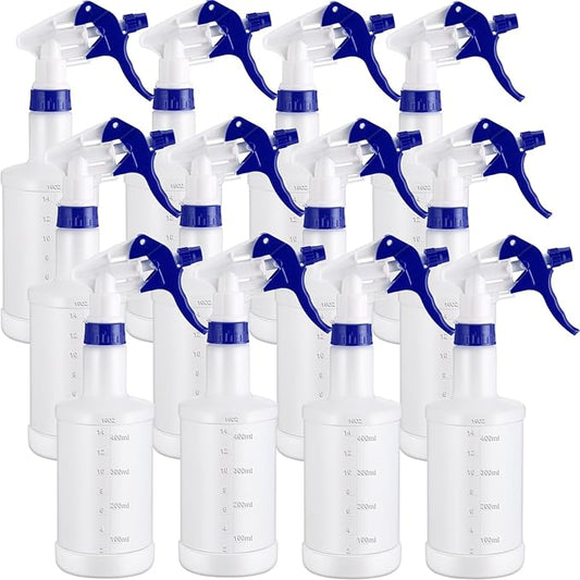 Eccliy 12 Pcs 16 Oz Plastic Spray Bottle, Adjustable Empty Reusable Sprayer for Cleaning, Planting, Water, Bathroom and Kitchen, BBQ, Commercial and Residential(Blue & White,Measurement)