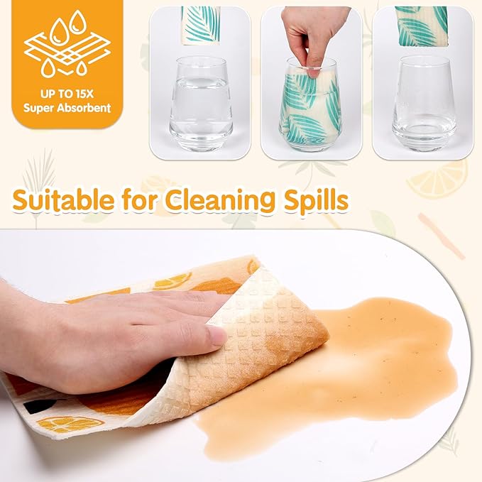 Lucomb 10 Pack Swedish Dishcloths Washable, Reusable Swedish Cloths Biodegradable Kitchen Towels with Hanging Clips, Cellulose Cotton Blend, Lemon Prints