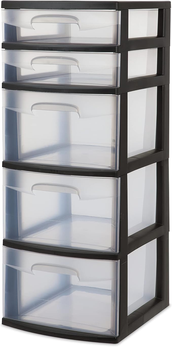 5-Tier Storage Drawer,with Both Shallow and Deep Clear Plastic Storage Organizer Drawer Tower，Suitable for Bedroom,Bathroom and Office Organization Black