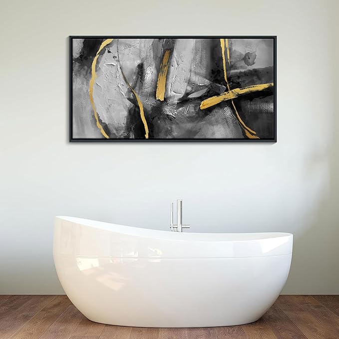 Large Framed Wall Art Decor - Abstract Black and Gray Wall Pictures Living Room Hand-Painted Dream Painting Golden Canvas Prints as Bedroom Kitchen Dining Room Cafe Home Decor 24X48 In