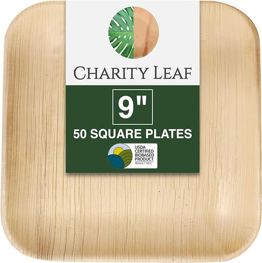 Charity Leaf Disposable Palm Leaf 9" Square Plates (50 pieces) Bamboo Like Serving Platters, Disposable Boards, Eco-Friendly Dinnerware For Weddings, Catering, Events