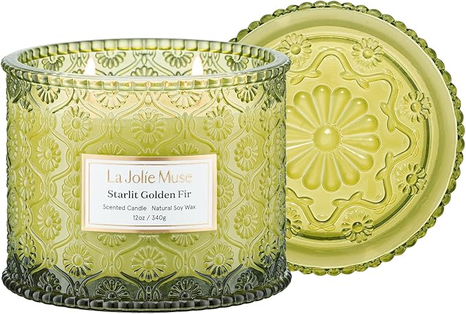 LA JOLIE MUSE Christmas Candle | Starlit Golden Fir | Fir Balsam, Cedarwood & Smoke | 12 oz Soy Candle, Double Wick | 60 Hours Clean Burn | Christmas Gift for Women & Family
