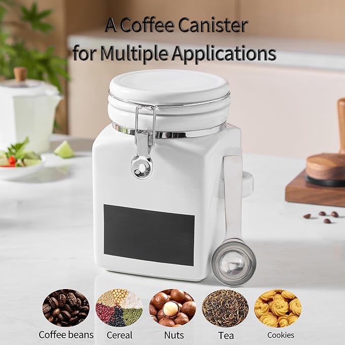 Ceramic Coffee Canister with Airtight Lid and Scoop, Large 78 Fl Oz / 2.3 L Kitchen Food Storage Container Jar for Grounds Coffee, Beans, Tea, Sugar, Flour, Cereal, Nuts, Cookie, White
