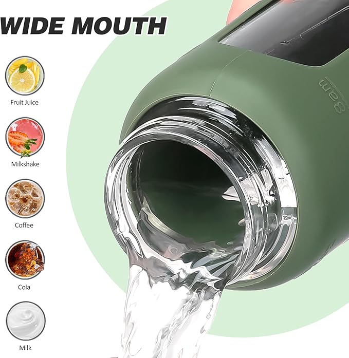 24oz Glass Water Bottle with Straw and 2 Lids-Bamboo and Spout Lid, Borosilicate Glass Water Bottle with Silicone Sleeve and Time Marker,BPA Free & Cupholder Friendly,Olive