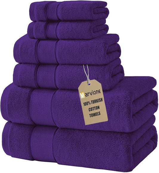Marvione Bath Towels Set 6 Piece, 100% Turkish Cotton Highly Absorbent and Soft Towels for Bathroom 2 Bath Towels 2 Hand Towels 2 Washcloths, Purple