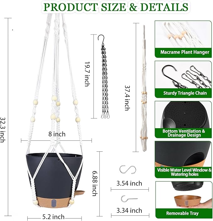 Hanging Planter Self Watering 8 Inch, 2 Pack Hanging Baskets for Plants, Hanging Flower Pots with Drainage Hole & 2 Kinds of Plant Hangers for Garden Home Decor (Black, 8 inch)