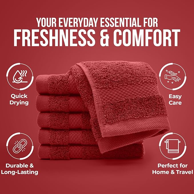 DAN RIVER 12-Pack Premium 100% Cotton RED Face Towels – Reusable Face Towel Set, Soft & Absorbent Small WashCloths for Bathroom & Body – Hand and Face Towels, 550 GSM (12x12 in)