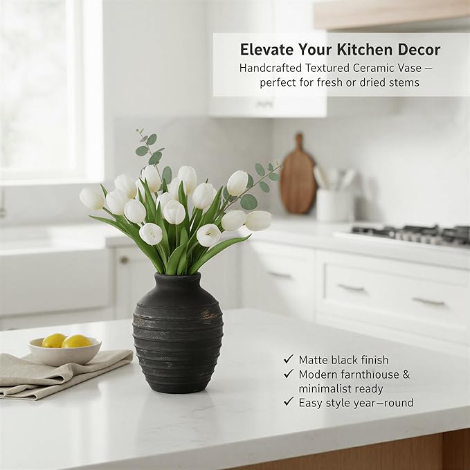 6.6-Inch Black Ceramic Flower Vase, Rustic Farmhouse Boho Pottery Decor for Table, Living Room & Shelf