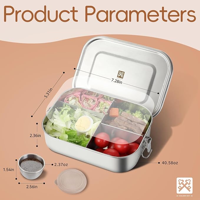 GOLDEN KEY 40QZ Stainless Steel Bento Box for Kids, 1200ml Metal Lunch Box for Kids or Adults,Stainless Steel Food Storage Containers with Lids and Lockable Clips for Travel, Work
