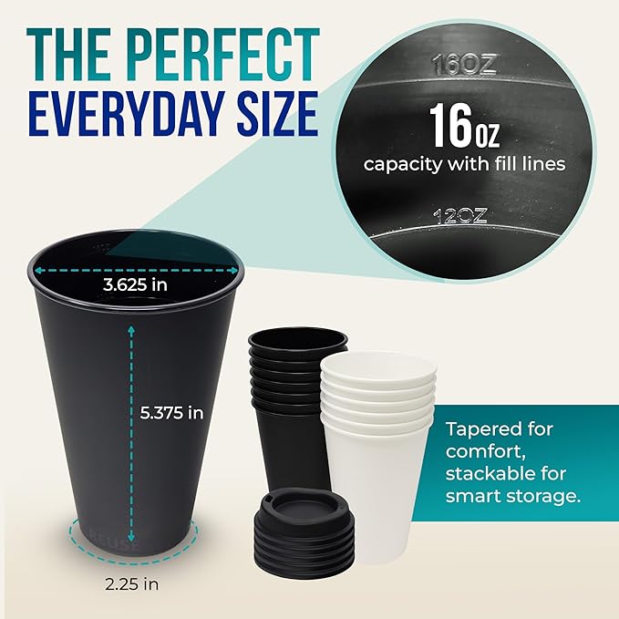 Rolling Sands USA Made 16 oz Reusable Coffee Cups with Lids 6 Pk, To Go Travel Cups, Hot or Cold Drinks, Dishwasher and Microwave Safe, White