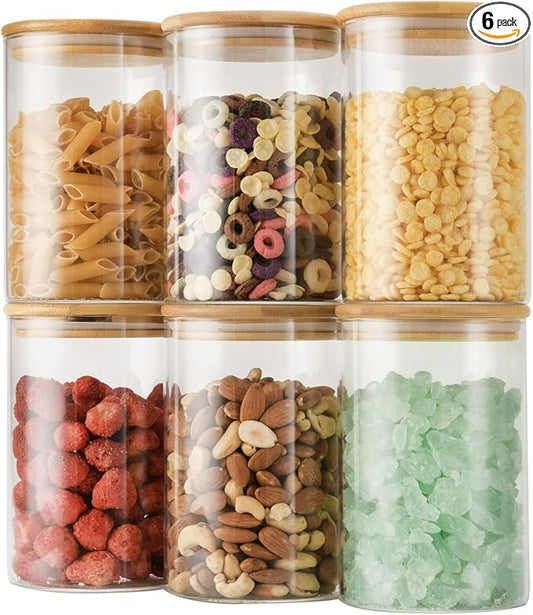 32oz Straight Cylindrical Airtight Storage Containers with Bamboo Lids Set of 6, Round Stackable Canisters, Food Jars, Pantry Organizers for Sugar, Cookies and Coffee beans (with Black Lable)