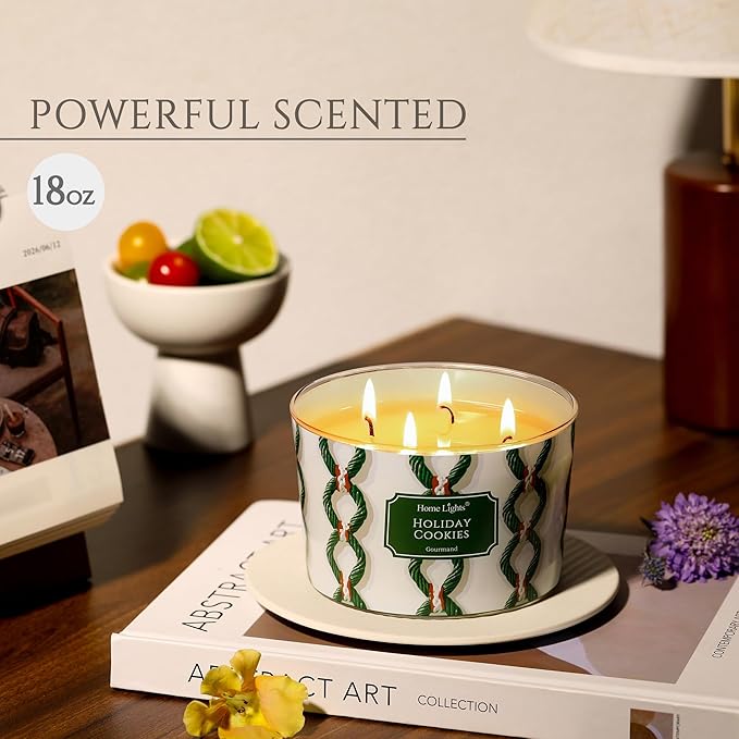 HomeLights 4-Wick Candles for Home Scented - 18oz Soy Wax Blend Candle Long-Lasting Fragrance, Rustic Modern Home Decor and Housewarming Gifts, Holiday Cookies
