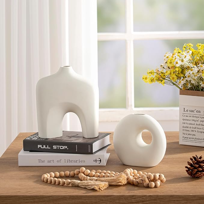 Ceramic Vase Set of 2, Modern Donut Vases for Minimalist Nordic Home Decor, Waterproof Round Vase, Decorative Centerpiece Vases for Room, Entryway, Bookshelf, Table Decor (Matte OffWhite)