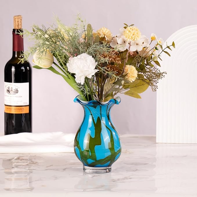 KAMMAK Colored Glass Vase, Beautiful Hand Blown Decorative Vase, Modern Art Vase for Flower Mantle Dining Table Centerpiece, Entryway Living Room Wedding Decoration, FH007