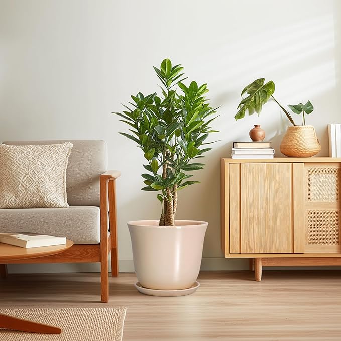 Ceramic Plant Pots - 12 Inch Plant Pot with Drainage Hole and Tray, Large Round Flower Pot for Indoor Outdoor, Modern Planter, Decorative Planters, Home Garden Decor, Beige