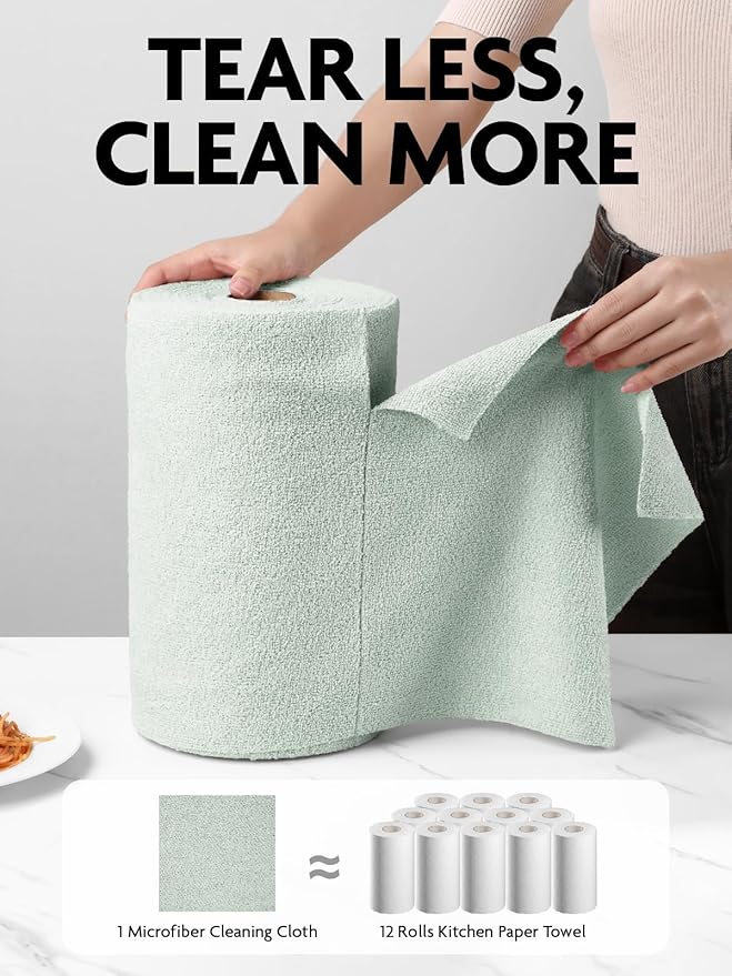 Fantasticlean Microfiber Cleaning Cloth Roll -75 Pack, Tear Away Microfiber Towels, 12" x 12", Reusable, Washable, Scratch Free, Ultra Absorbent Dishcloth for Home Supplies, Car, Pet (Moss Green)