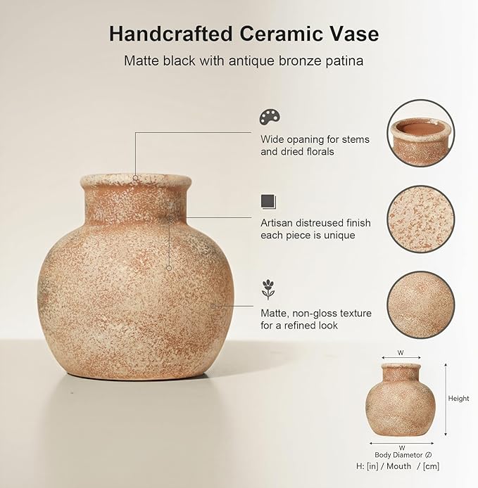 Ceramic Flower Vase, 5.5-Inch Terracotta Pottery Rustic Farmhouse Boho Vase, Handcrafted Decorative Vase for Home Decor, Centerpieces, Table, Living Room, Mantel, Shelf