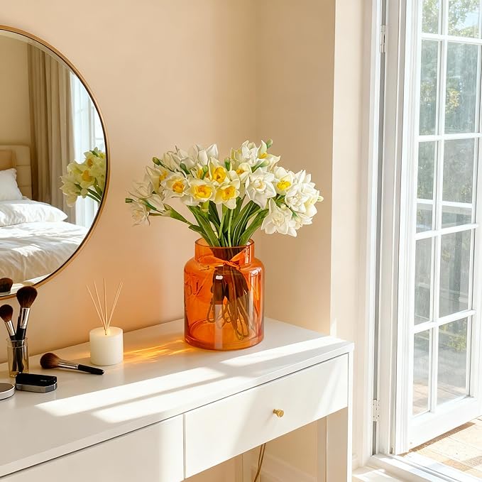 BLOFLO Orange Glass Vase, 7 Inch Large Glass Vase for Flowers, Modern Thick Glass Flower Vases for Centerpieces, Decorative Glass Cylinder Hydroponic Vase for Wedding, Home, Office (Orange, 7Inch)