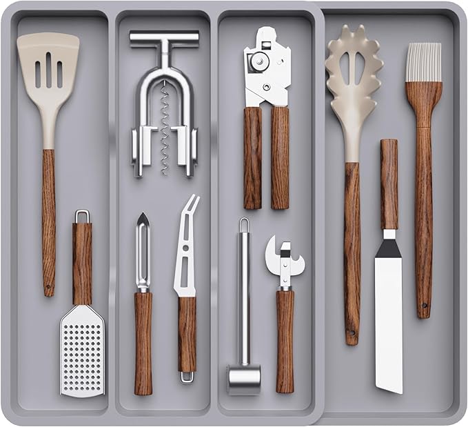 Lifewit Utensil Drawer Organizer, Expendable Cooking Silverware Tray for Kitchen Drawer, Adjustable Cutlery Flatware Holder, Plastic Spatula Tools and Gadgets Storage Divider, 4 Compartments, Gray