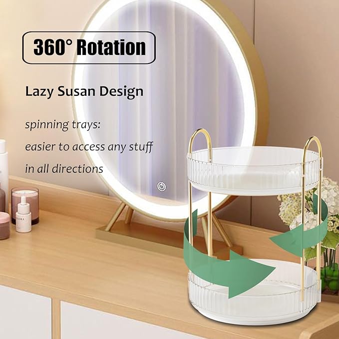 Rotating Makeup Organizer Countertop 2 Tier Lazy Susan Trays Clear Skincare Perfume Storage for Bathroom Counter Vanity, Transparent