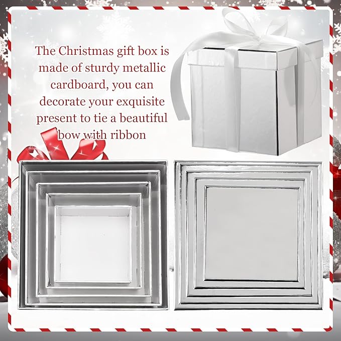 Cholemy 5 Pcs Square Nesting Boxes Decorative Gift Boxes with Lid and Ribbon Assorted Sizes Wrap for Wedding, Thanksgiving, Christmas, Anniversary, Birthday, Bridal Party(Silver)