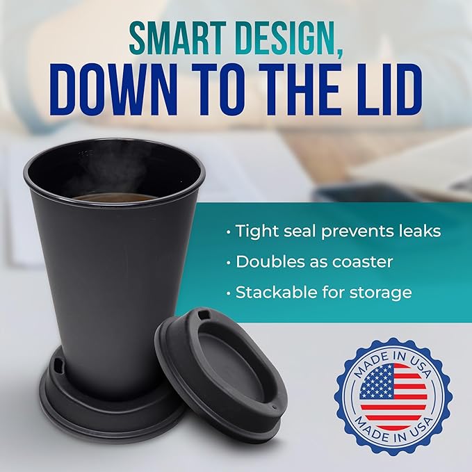 Rolling Sands USA Made 16 oz Reusable Coffee Cups with Lids 6 Pk, To Go Travel Cups, Hot or Cold Drinks, Dishwasher and Microwave Safe, Black Cups, White Lids