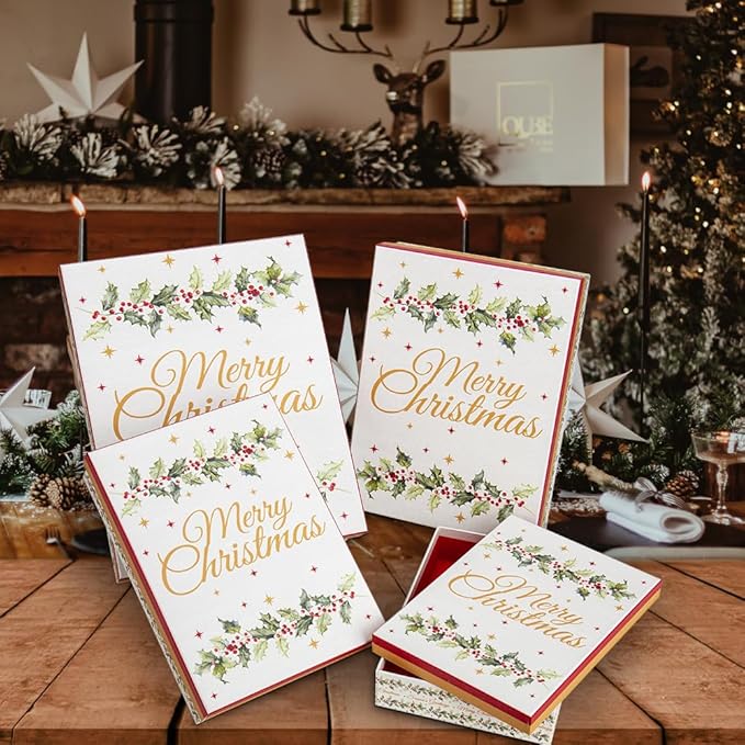 Hollyone 4 Kraft Christmas Gift Boxes with Lids Merry Christmas Sign Gift Wrap Boxes 4 Sizes Xmas Gift Boxes Shirt Box for Wrapping Xmas Holiday Birthday Wedding Present