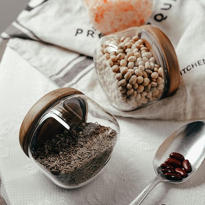 Glass Food Storage Containers With Wooden Lids - Small Coffee Jars - Pantry Organization For Overnight Oats, Cereal, Rice, Candy (10oz(300ml))