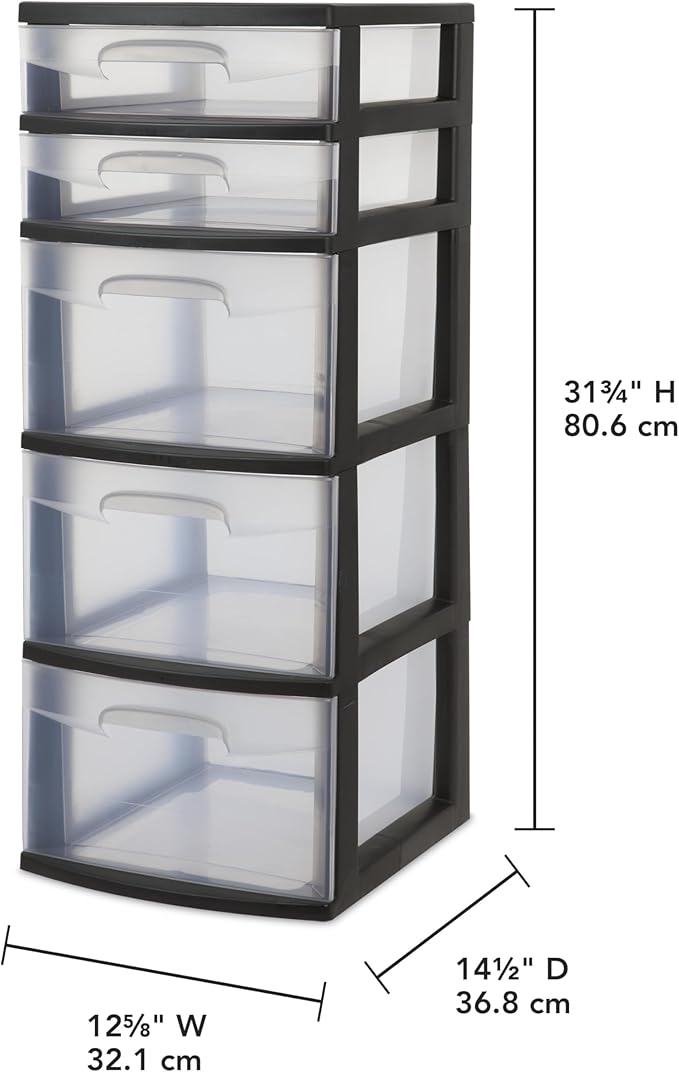 5-Tier Storage Drawer,with Both Shallow and Deep Clear Plastic Storage Organizer Drawer Tower，Suitable for Bedroom,Bathroom and Office Organization Black