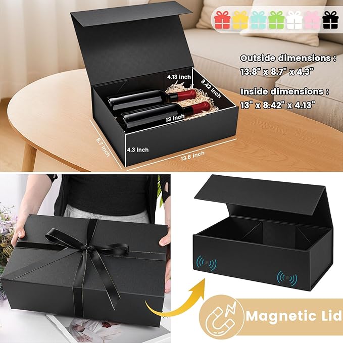 VGOODALL Black Gift Box, 14x8.7x4.3 Inches Large Gift Boxes with Magnetic Lids for Presents Anniversary Wedding Groomsman Proposal Birthday