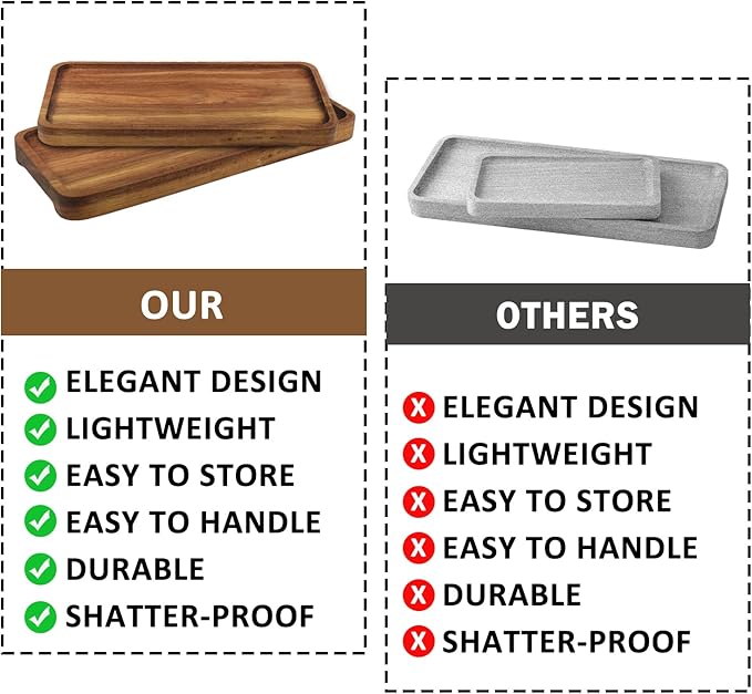 Wooden Serving Platter, 9.8 x 5.1 Inch, Set of 5, Acacia Wood Tray, Perfect for Serving Charcuterie, Desserts, Dips, Sushi, Parties, Family Gatherings, Weddings, and Home Decor, by GNIEMCKIN.