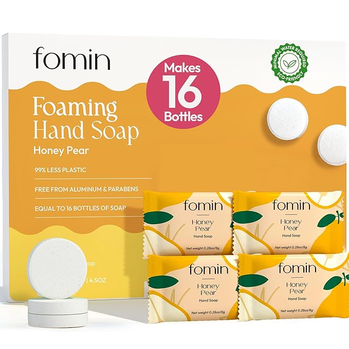 FOMIN Foaming Hand Soap Refills (16 Pack) - Honey Pear Foaming Hand Soap Tablets - Skin Friendly Foam Soap Refill for Hand Wash - Makes 128 fl oz (16 x 8 fl oz)