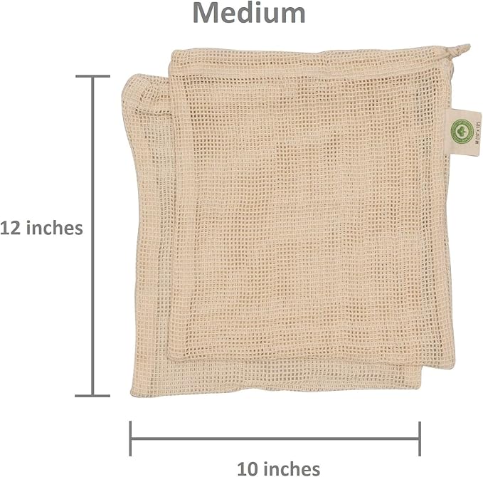 Reusable Cotton Mesh Produce Bags - 100% Organic Cotton, Durable, Double Stitched, Washable with Tare Weight & Drawstring - Mesh Bags for Grocery Shopping, Vegetables & Fruits | Set of 6 (2L, 2M, 2S)