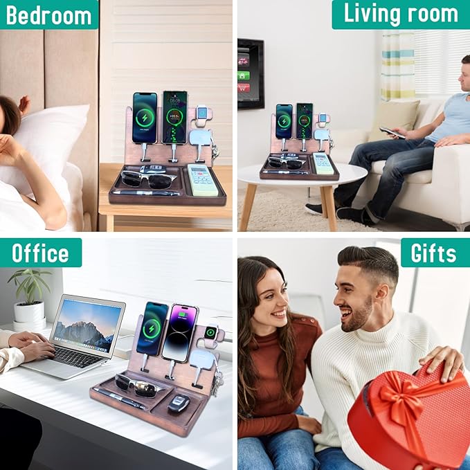 Wood Phone Docking Station Nightstand Organizer Charging Station with QC 3.0 & PD22.5W USB C Charger Fast Charging for iPhone Samsung Android Watch Airpod Anniversary Birthday Gifts for Men